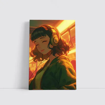 Anime Girl Headphones Warm Golden Light