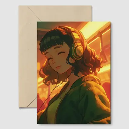 Anime Girl Headphones Warm Golden Light