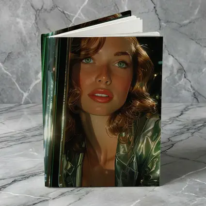 Green Eyed Woman Metallic Jacket Neon Background