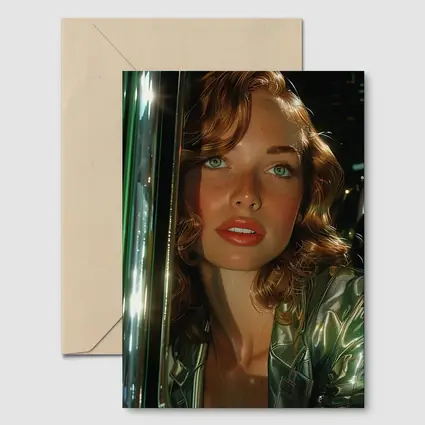 Green Eyed Woman Metallic Jacket Neon Background