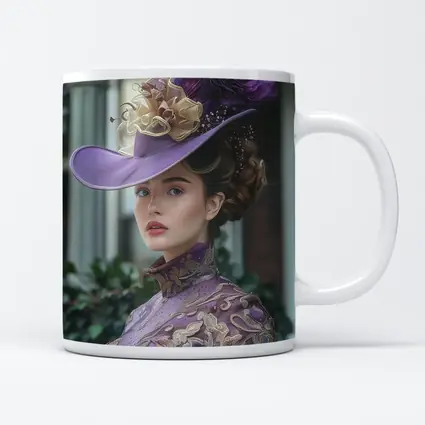 Victorian Woman Purple Hat Gold Embroidery