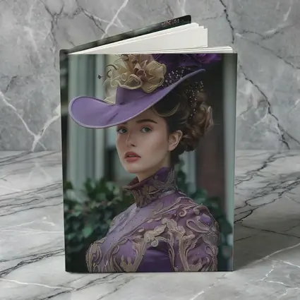 Victorian Woman Purple Hat Gold Embroidery