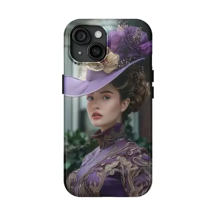 Victorian Woman Purple Hat Gold Embroidery