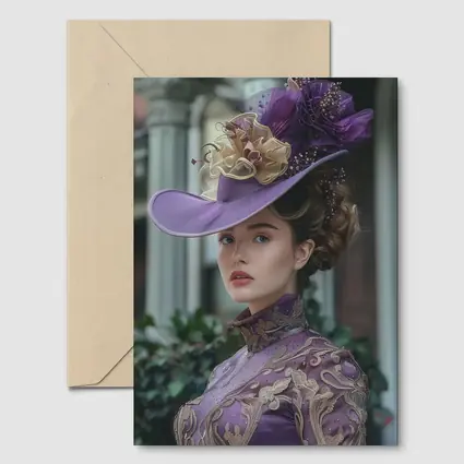 Victorian Woman Purple Hat Gold Embroidery