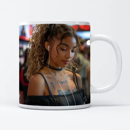 Young Woman With Earphones Tattoos Store Background