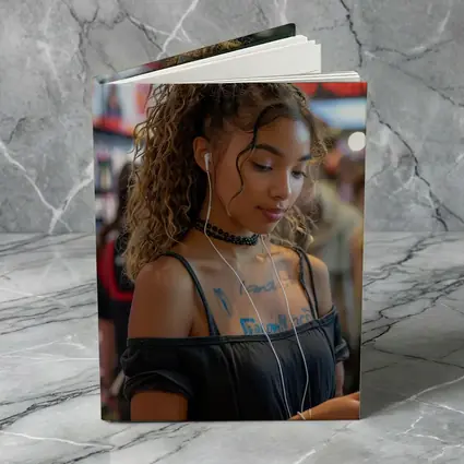 Young Woman With Earphones Tattoos Store Background