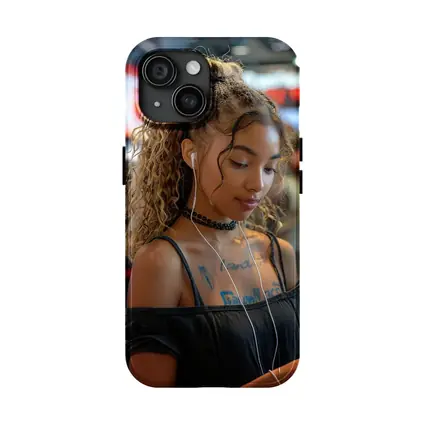 Young Woman With Earphones Tattoos Store Background