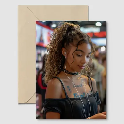 Young Woman With Earphones Tattoos Store Background