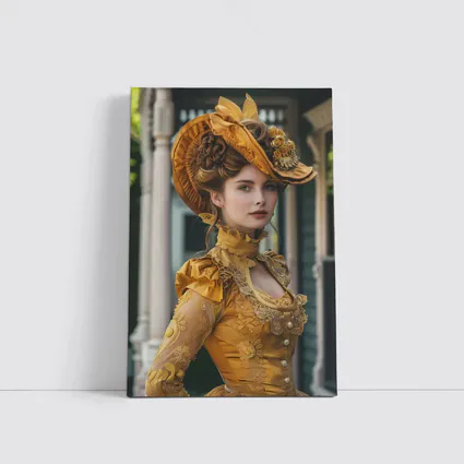 Victorian Woman Gold Dress Ornate Hat