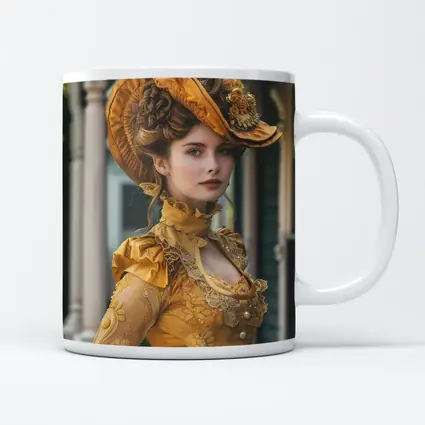 Victorian Woman Gold Dress Ornate Hat
