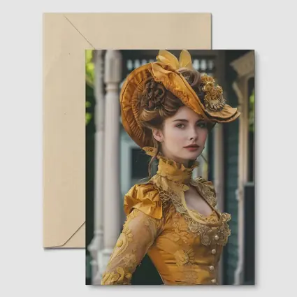 Victorian Woman Gold Dress Ornate Hat