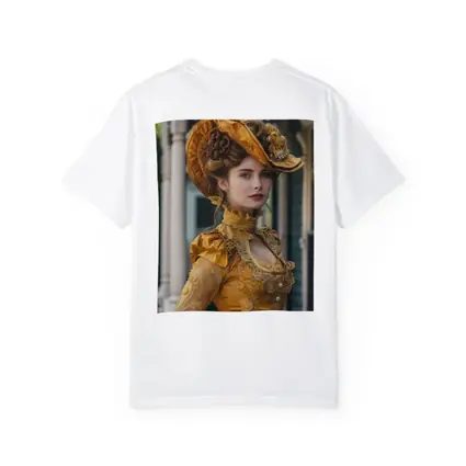 Victorian Woman Gold Dress Ornate Hat