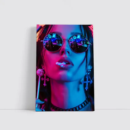 Neon Lit Woman Round Sunglasses Cyberpunk Style