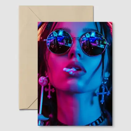 Neon Lit Woman Round Sunglasses Cyberpunk Style