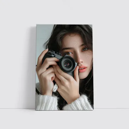 Young Woman Holding Camera White Background