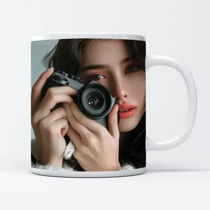 Young Woman Holding Camera White Background