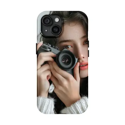 Young Woman Holding Camera White Background