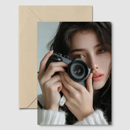 Young Woman Holding Camera White Background