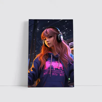Anime Girl Headphones Neon City Night