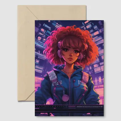 Anime Girl DJ Cyberpunk Neon City Background