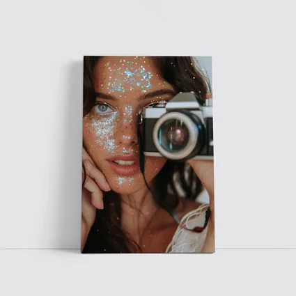 Glitter Makeup Woman Holding Vintage Film Camera