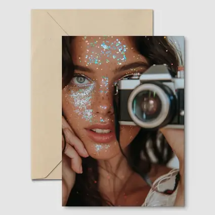 Glitter Makeup Woman Holding Vintage Film Camera