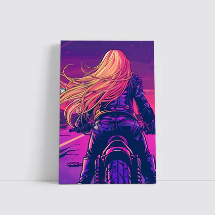 Biker Girl Riding Motorcycle Neon Purple Sunset