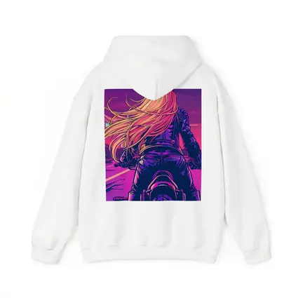 Biker Girl Riding Motorcycle Neon Purple Sunset