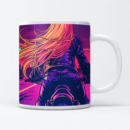 Biker Girl Riding Motorcycle Neon Purple Sunset