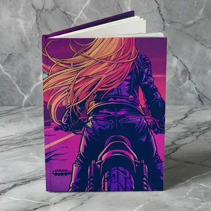 Biker Girl Riding Motorcycle Neon Purple Sunset