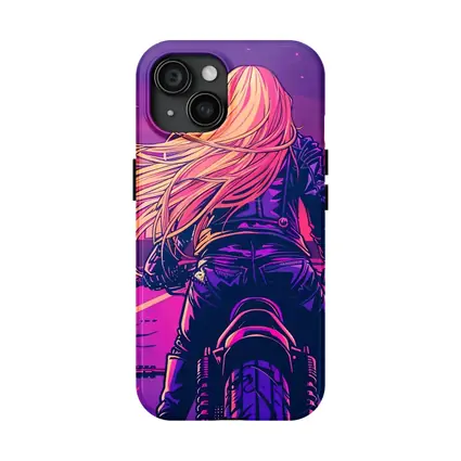 Biker Girl Riding Motorcycle Neon Purple Sunset