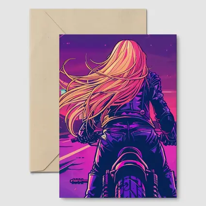 Biker Girl Riding Motorcycle Neon Purple Sunset