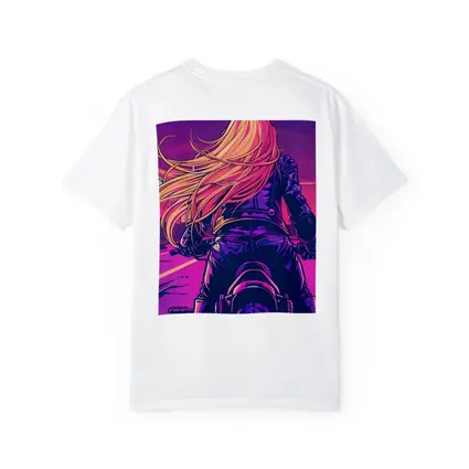Biker Girl Riding Motorcycle Neon Purple Sunset