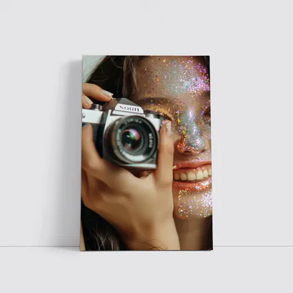 Girl With Camera Glitter Face Portrait