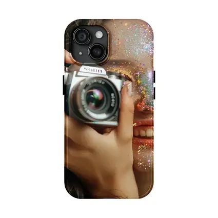 Girl With Camera Glitter Face Portrait