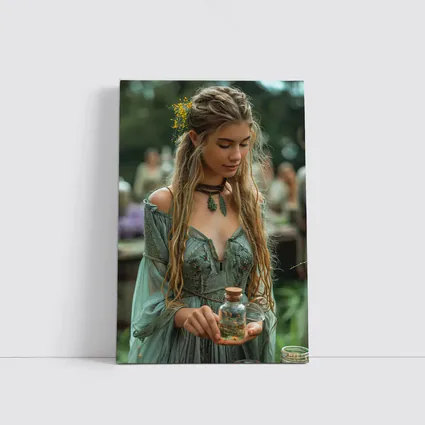 Boho Forest Girl Holding Herb Potion Bottle