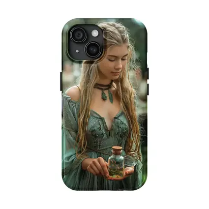 Boho Forest Girl Holding Herb Potion Bottle