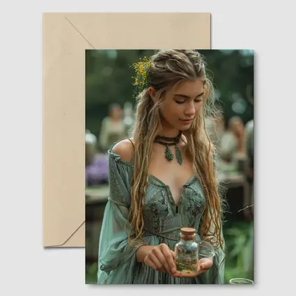 Boho Forest Girl Holding Herb Potion Bottle