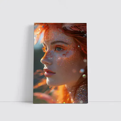 Redhead Woman Glitter Freckles Orange Feathers Portrait