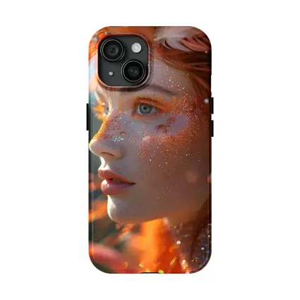 Redhead Woman Glitter Freckles Orange Feathers Portrait