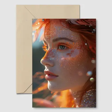 Redhead Woman Glitter Freckles Orange Feathers Portrait