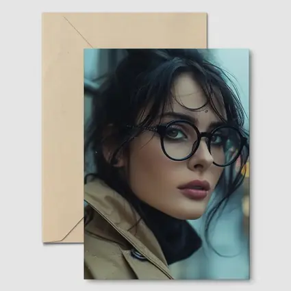 Dark Haired Woman Glasses City Background
