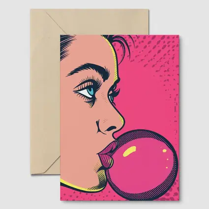 Pop Art Woman Blowing Pink Bubble Gum
