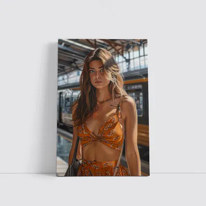 Young Woman Orange Floral Dress Train Station