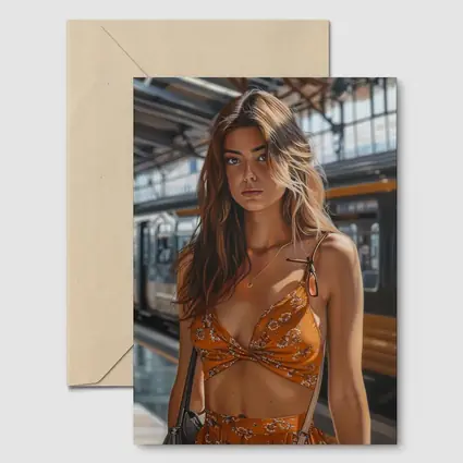 Young Woman Orange Floral Dress Train Station