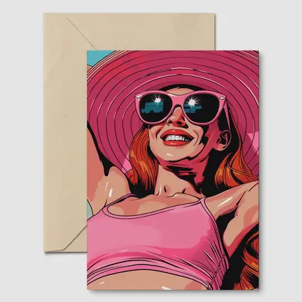 Smiling Woman Pink Hat Sunglasses Pop Art
