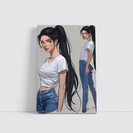 Anime Girl White Tee Jeans Gray Background