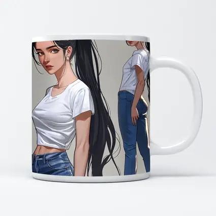 Anime Girl White Tee Jeans Gray Background