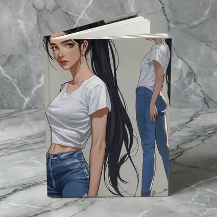 Anime Girl White Tee Jeans Gray Background