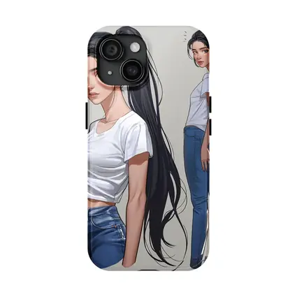 Anime Girl White Tee Jeans Gray Background